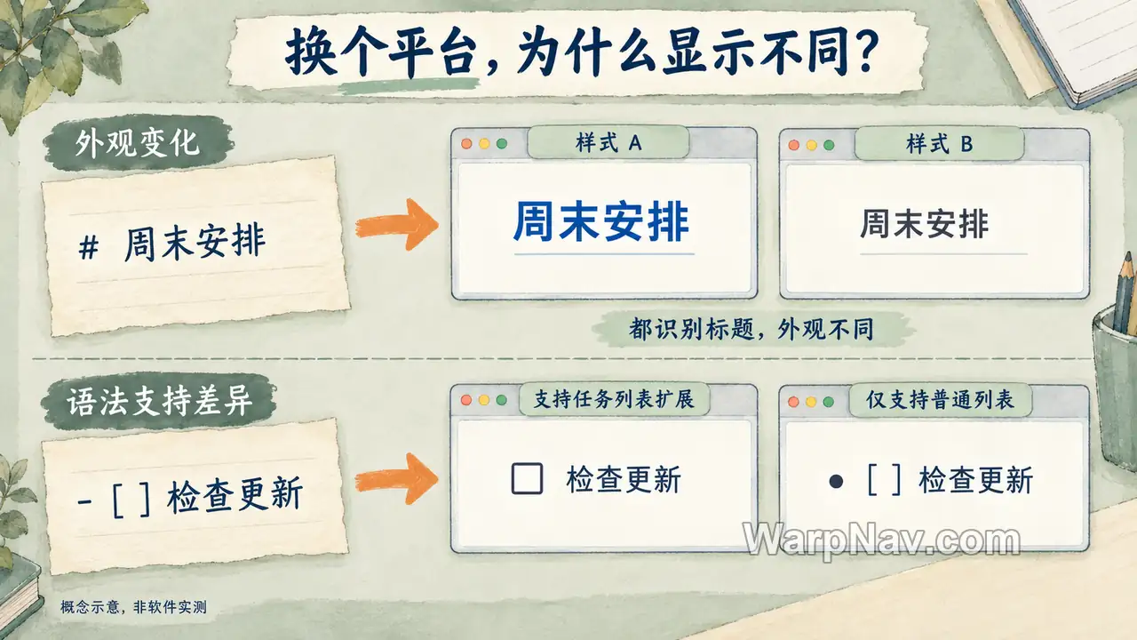 同一 Markdown 标题因样式呈现不同外观,以及任务列表扩展与普通列表显示差异的上下对照示意