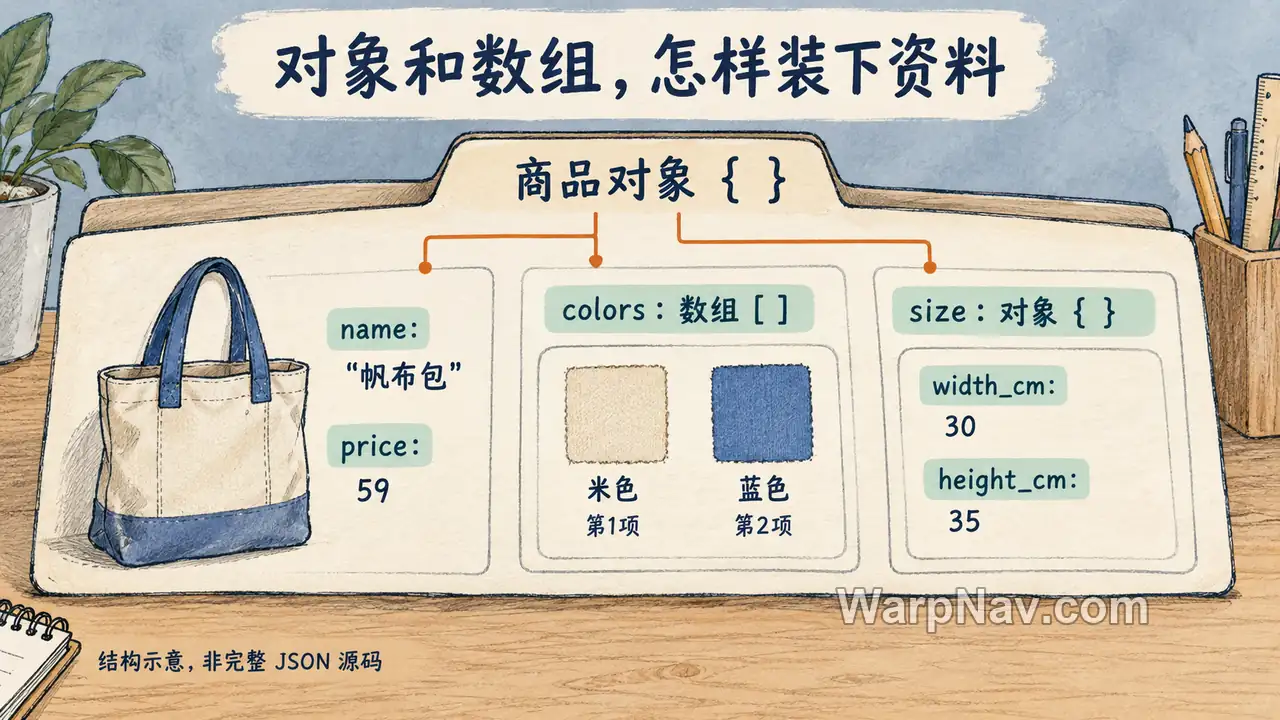 帆布包商品对象包含名称、价格、颜色数组和尺寸对象的手绘结构示意