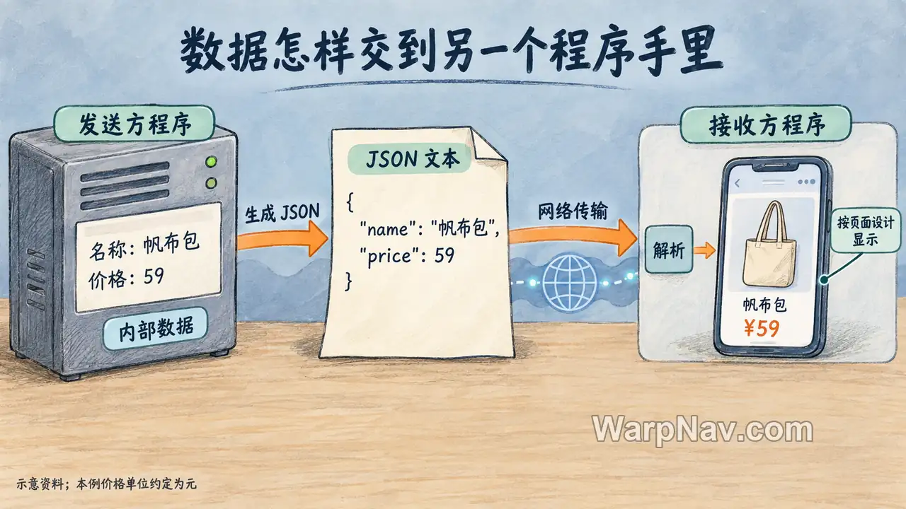 发送方生成JSON文本,经网络传输到接收方解析,再由页面显示商品名称和价格的手绘流程