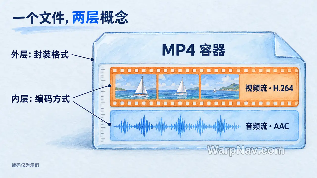 MP4 容器内部放着 H.264 视频流和 AAC 音频流,区分文件封装与音视频编码