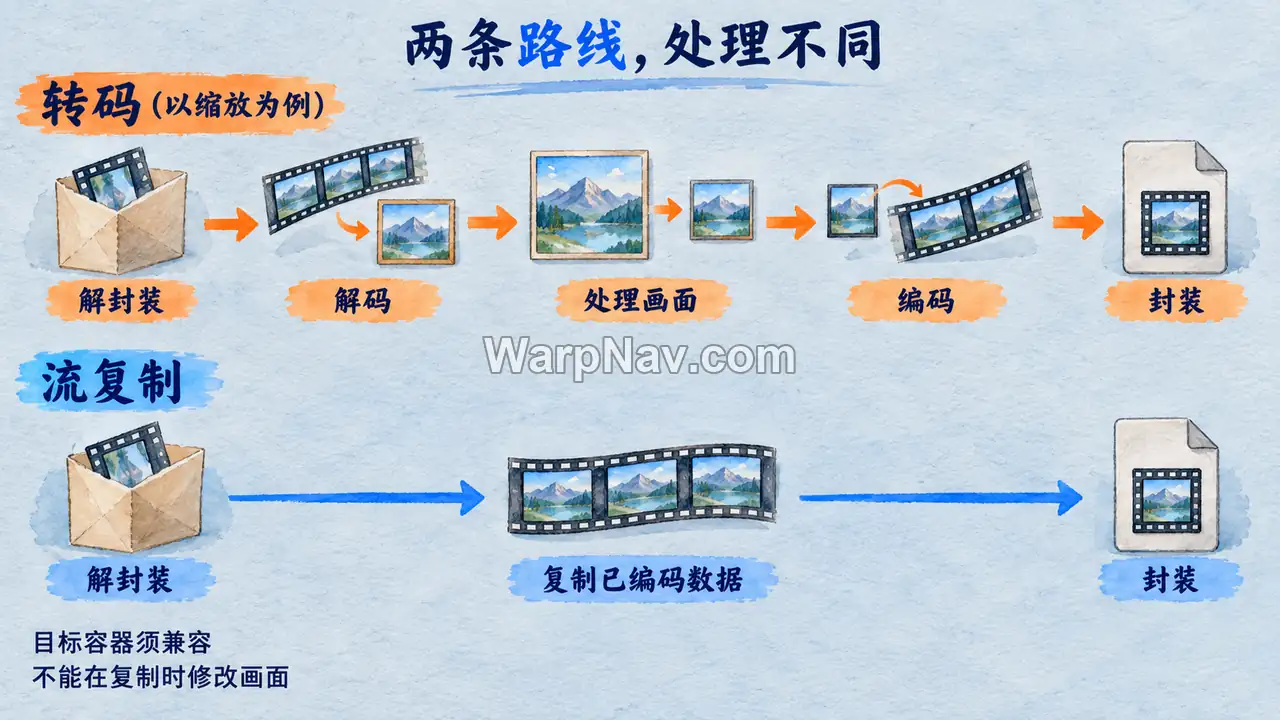 转码经过解封装、解码、画面处理、编码与封装,流复制则直接传递已编码数据到封装器
