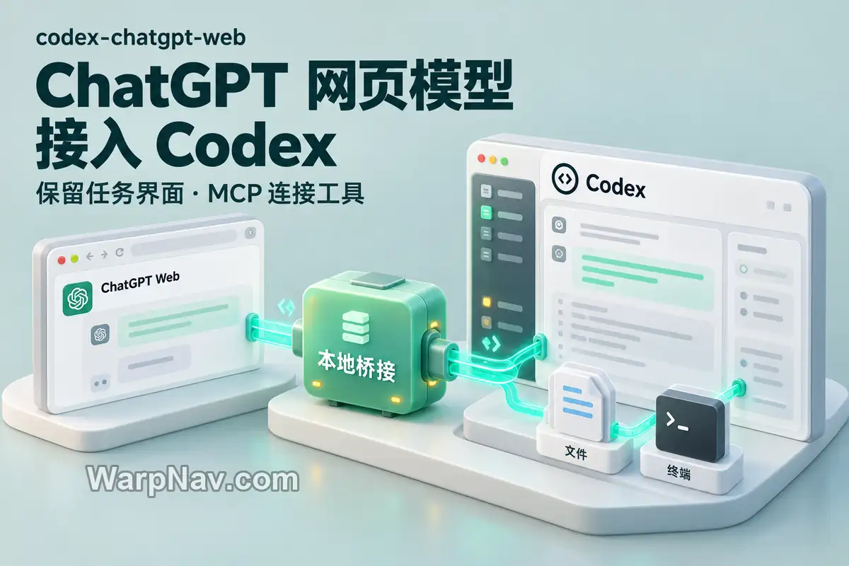 ChatGPT Web 经本地桥接连接 Codex 工作区、文件与终端的立体概念图