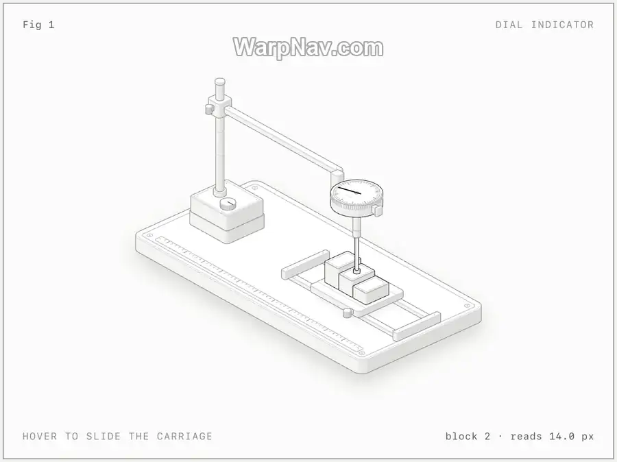 Anatomy 官方百分表示例:带三块量块的滑架、测杆和圆形表盘,底部显示 block 2 与 14.0 px 读数