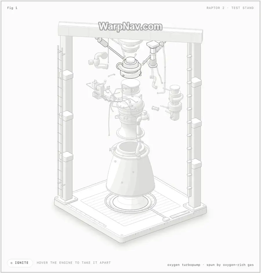 Anatomy 官方 Raptor 2 发动机拆解图:发动机组件、管路与线束分离悬挂在等距视角试验架中