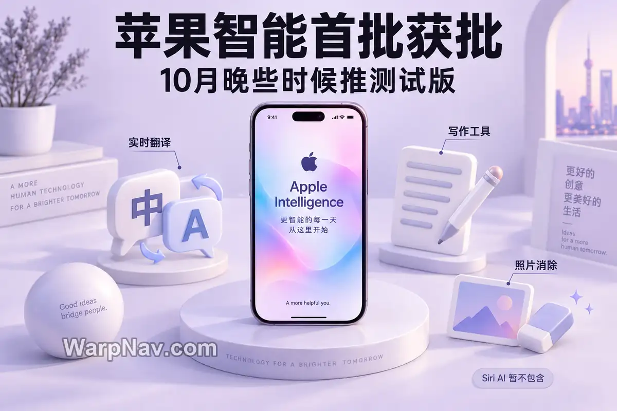 苹果智能首批获批,实时翻译、写作工具与照片消除的概念封面
