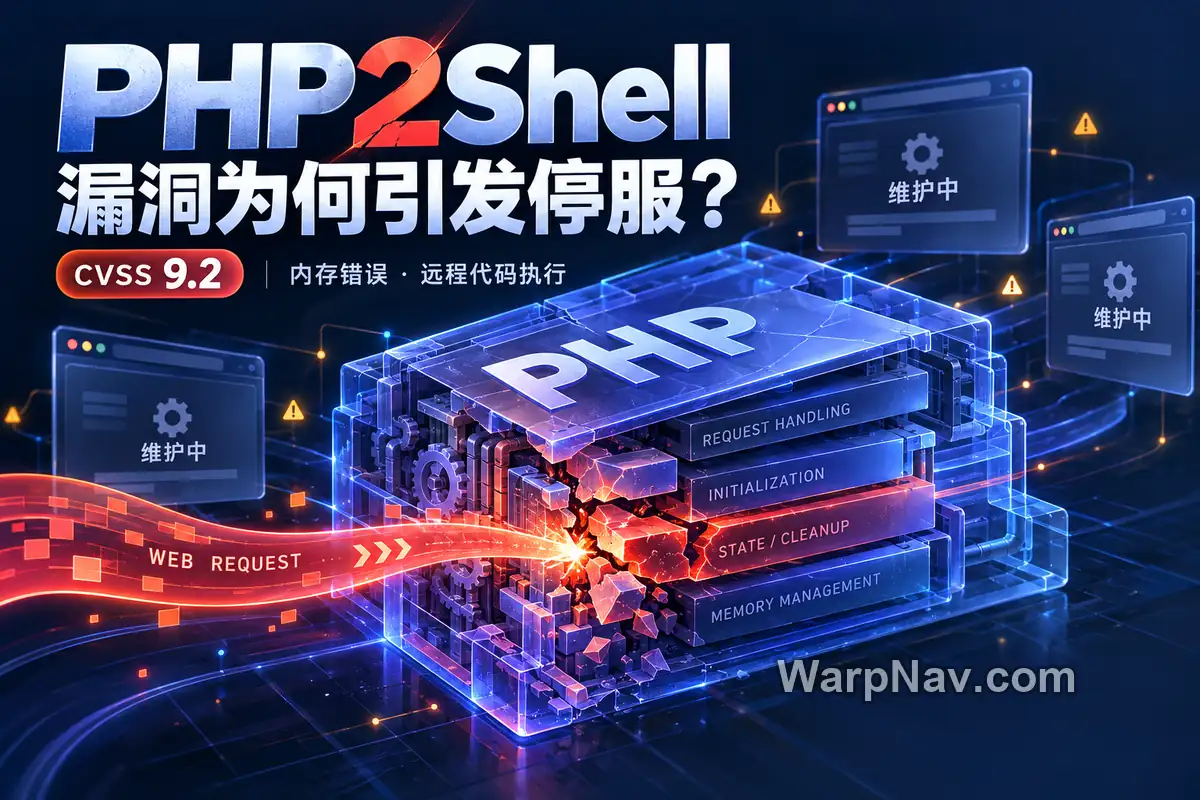PHP2Shell 概念封面:Web 请求穿过 PHP 内核异常处理层,周围网站显示维护中