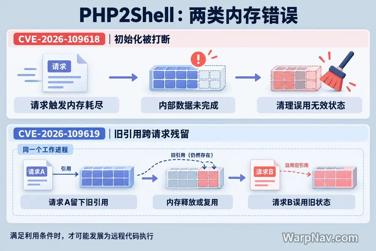 PHP2Shell 两类内存错误示意:初始化中断后误用无效状态,以及同一工作进程跨请求使用旧引用