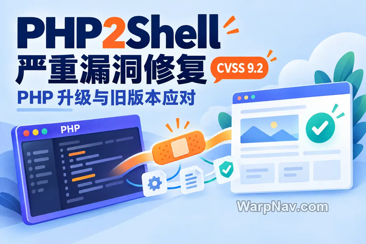 PHP2Shell严重漏洞修复概念封面:PHP软件窗口经补丁连接到可用网站页面