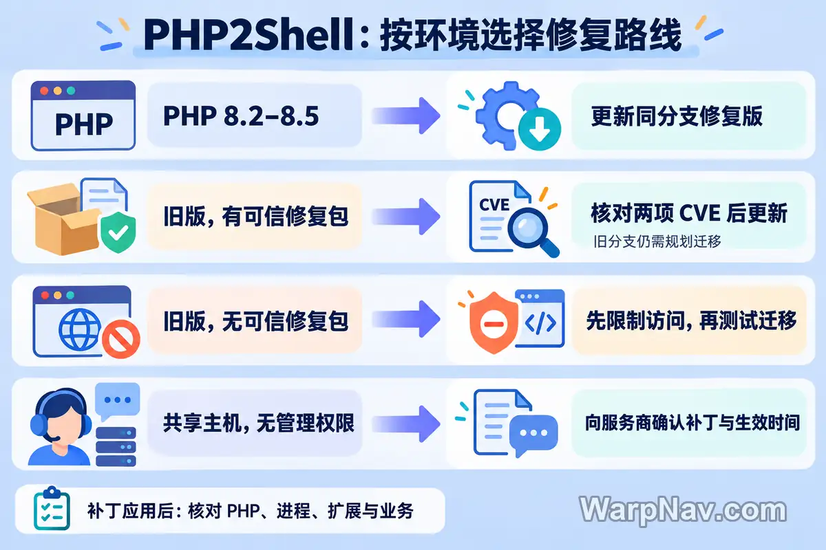 PHP2Shell按版本、可信修复包和主机权限选择处理路线的示意图
