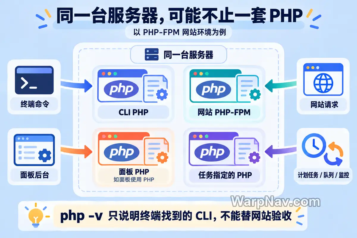 同一服务器中终端、网站、适用面板和后台任务分别调用PHP的关系示意