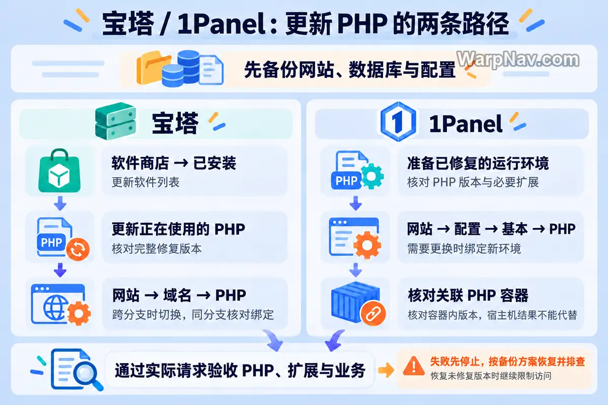宝塔PHP软件更新与网站绑定、1Panel修复运行环境与容器验收两条路径示意