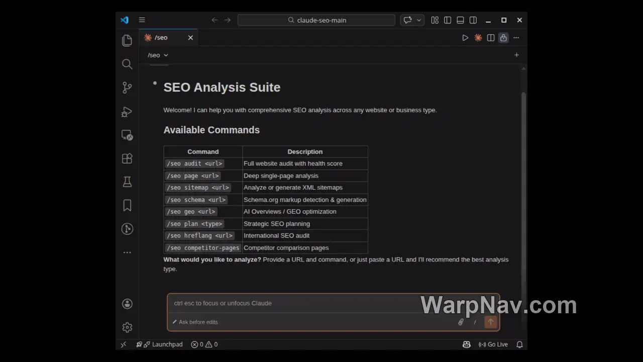项目官方演示中的 Claude Code /seo 命令列表,含 audit、page、schema 与 geo 等入口
