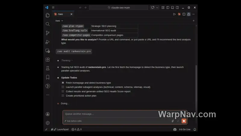 项目官方演示中运行 /seo audit rankenstein.pro 后,Claude Code 列出抓取、专项分析和汇总计划